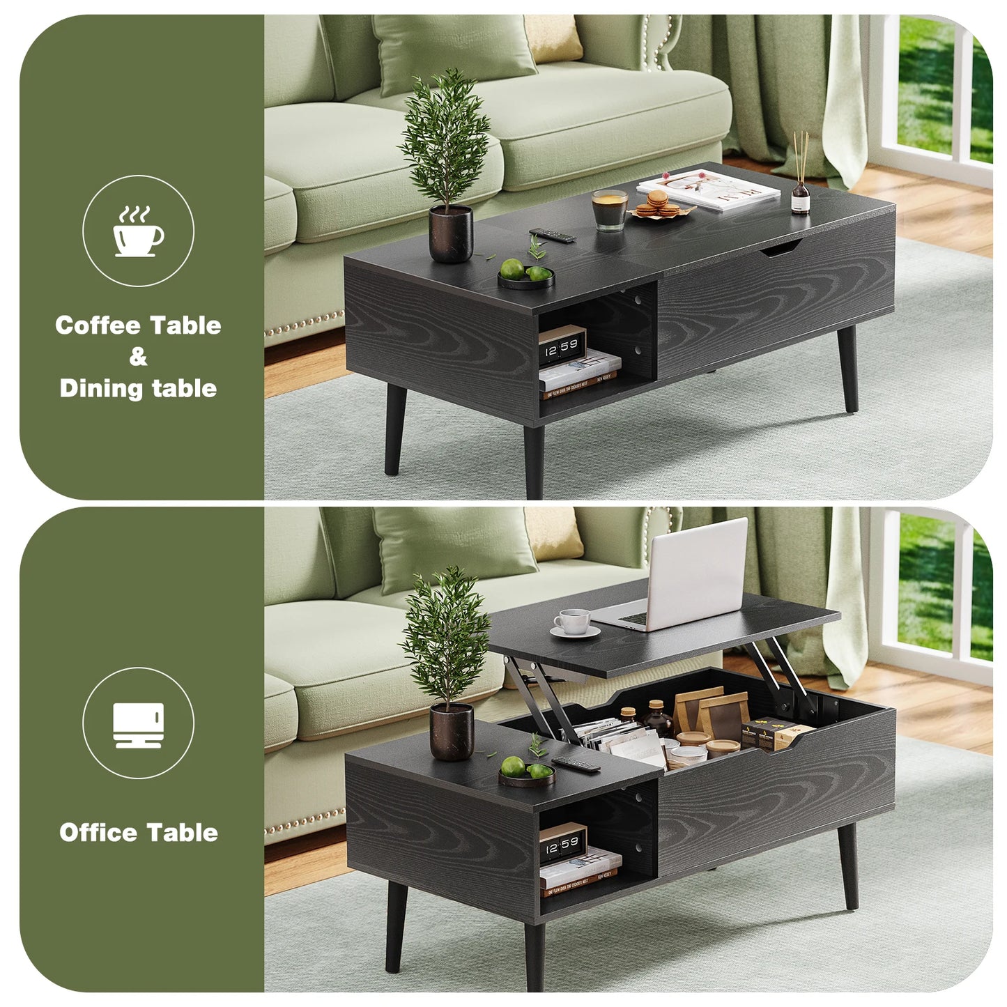 Lift Top Coffee Wood Dining Tables With Adjustable Storage Shelf