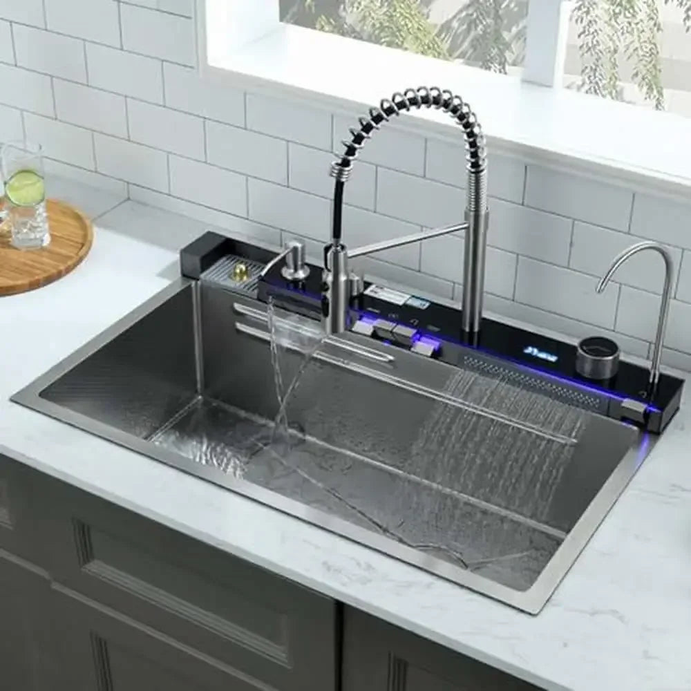 Waterfall Kitchen Sink with Pull-out Faucet Washer Soap Dispenser Filter