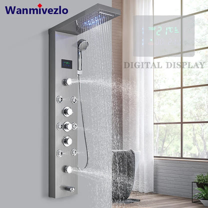 LED Light Rainfall Bathroom Shower Faucet Set Temperature Screen