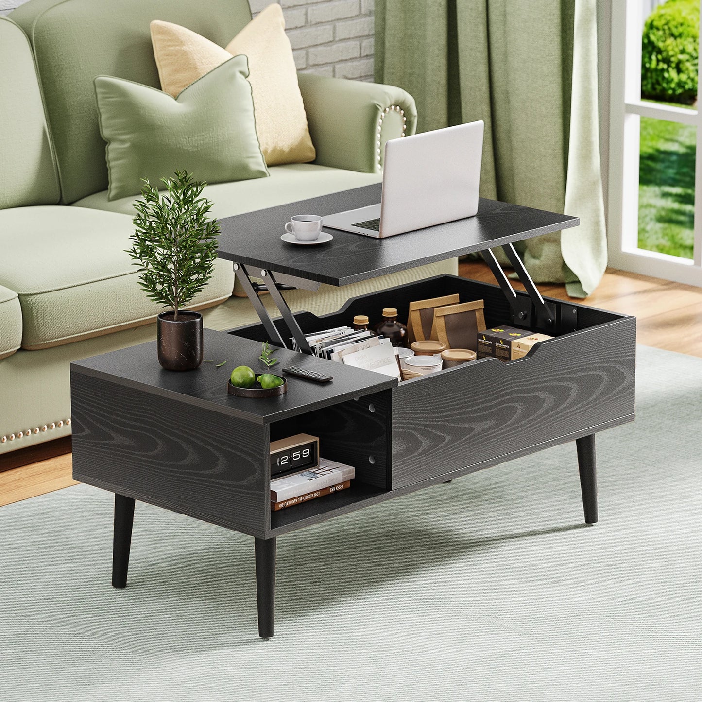 Lift Top Coffee Wood Dining Tables With Adjustable Storage Shelf