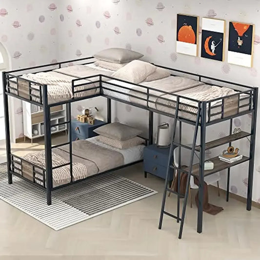 Triple Bunk Bed with Desk and Shelf Metal