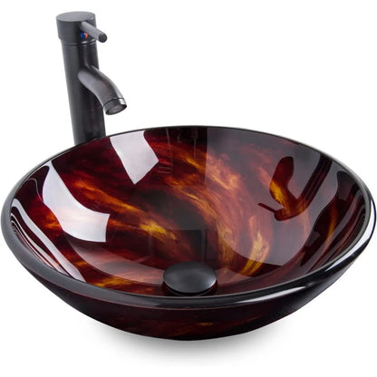 Bathroom Tempered Glass Vanity Round Bowl With Oil Rubber Bronze Faucet