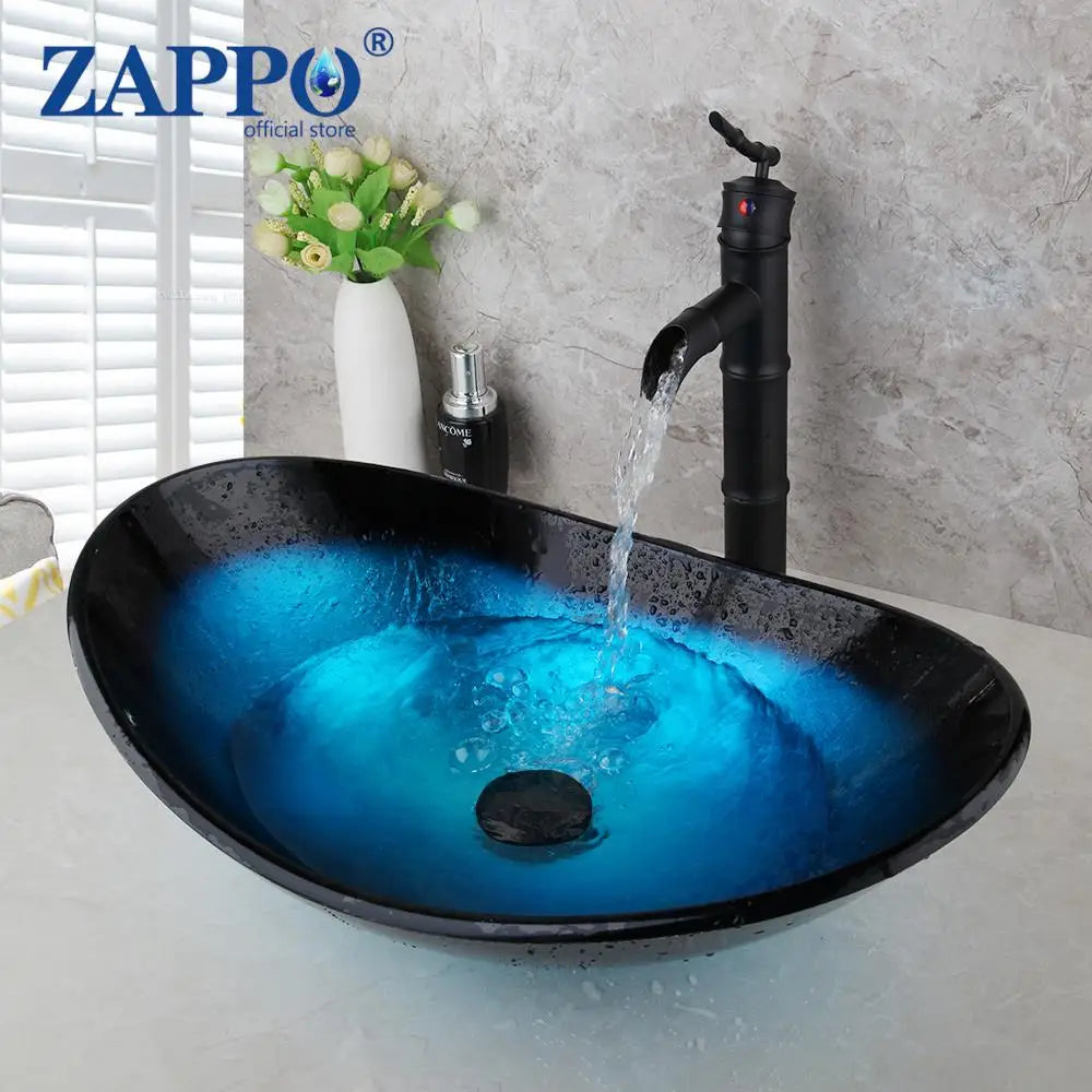 Bathroom Vessel Sink with Waterfall Black Faucet