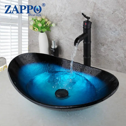 Bathroom Vessel Sink with Waterfall Black Faucet