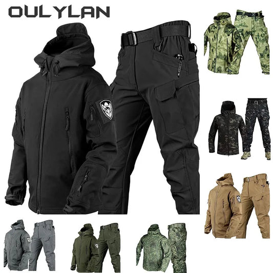 Outdoor Shark Skin Warmth Jackets Pants Set Men Tactical Camo