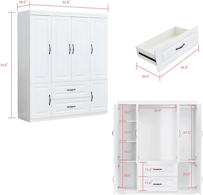 Closet Wardrobe with 4 Doors 2 Drawers White Armoire Closets