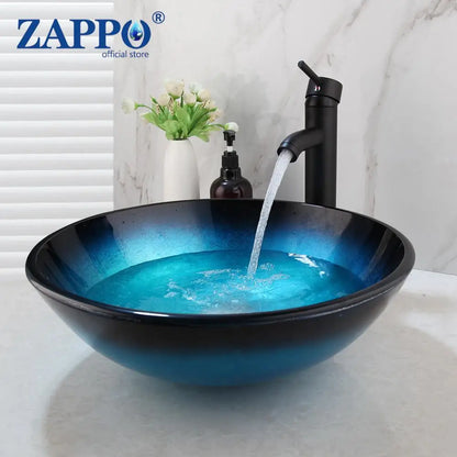 Bathroom Vessel Sink with Waterfall Black Faucet
