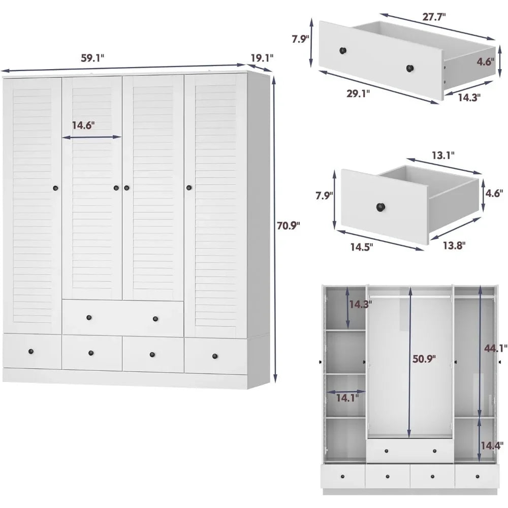 4 Shutter Door Wardrobe Armoire Closet with Shelves and Drawers