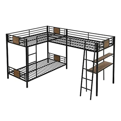 Triple Bunk Bed with Desk and Shelf Metal