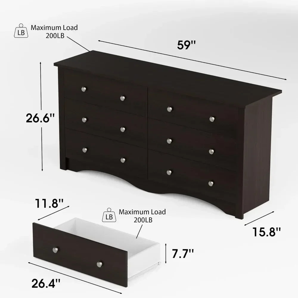 Drawer Double Dresser for Bedroom, Industrial Wood Dresser