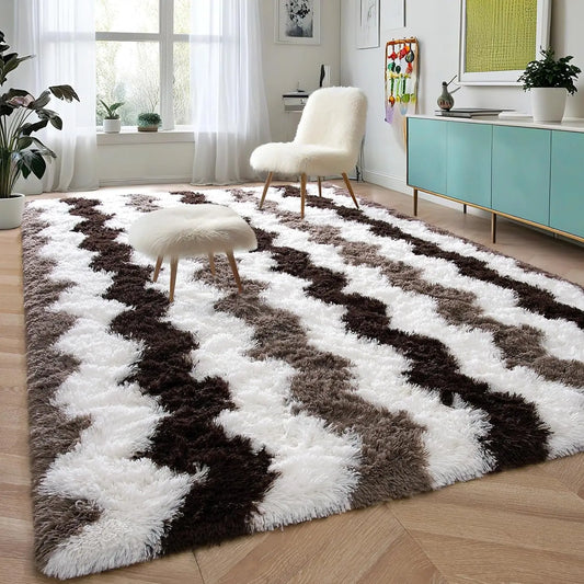 Soft Shaggy Rugs Plush Fluffy Carpets Stripe Brown