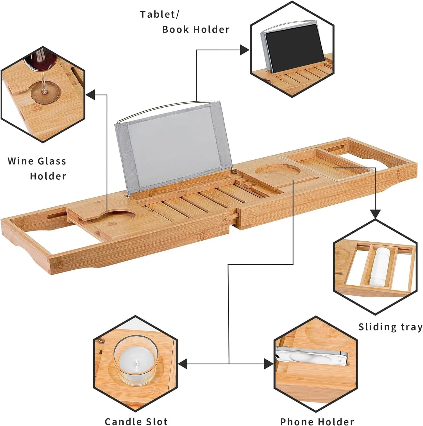 Bamboo Bathtub Caddy Bath Tray for Tub,