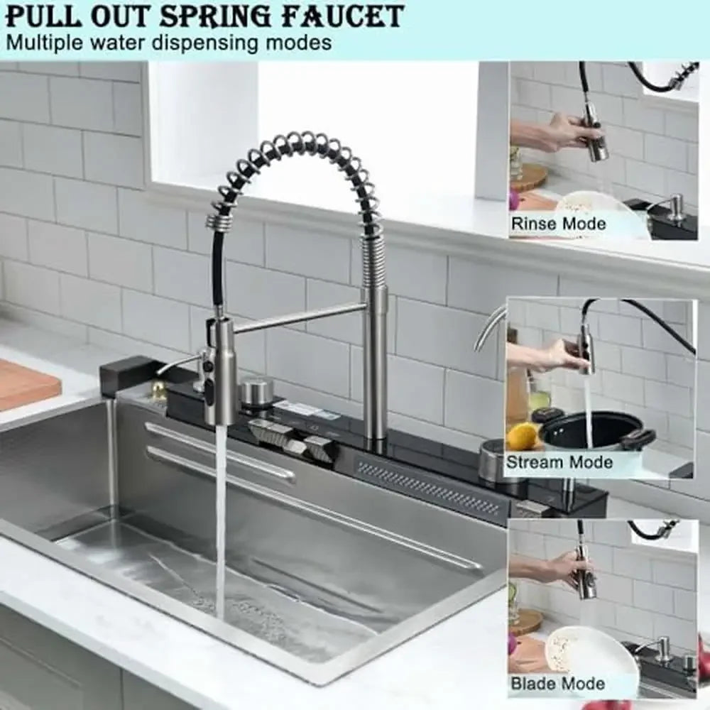 Waterfall Kitchen Sink with Pull-out Faucet Washer Soap Dispenser Filter