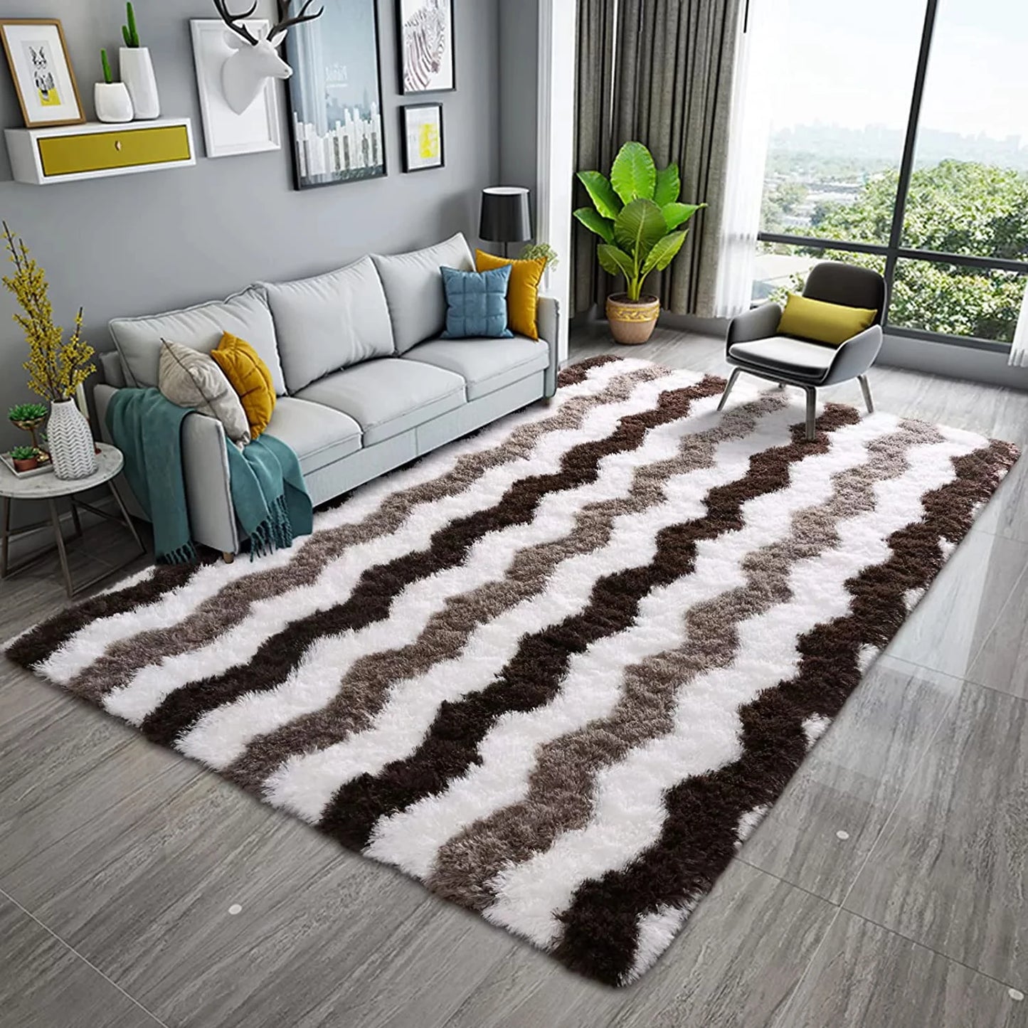 Soft Shaggy Rugs Plush Fluffy Carpets Stripe Brown