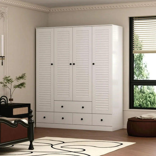 4 Shutter Door Wardrobe Armoire Closet with Shelves and Drawers