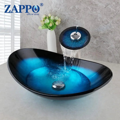 Bathroom Vessel Sink with Waterfall Black Faucet
