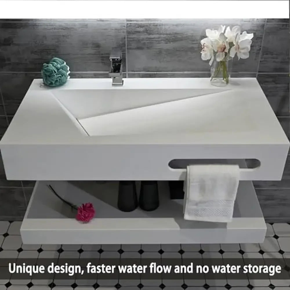 Rectangular Bathroom Vanity Sink Stone Resin Floating Shelf Matte White Trough