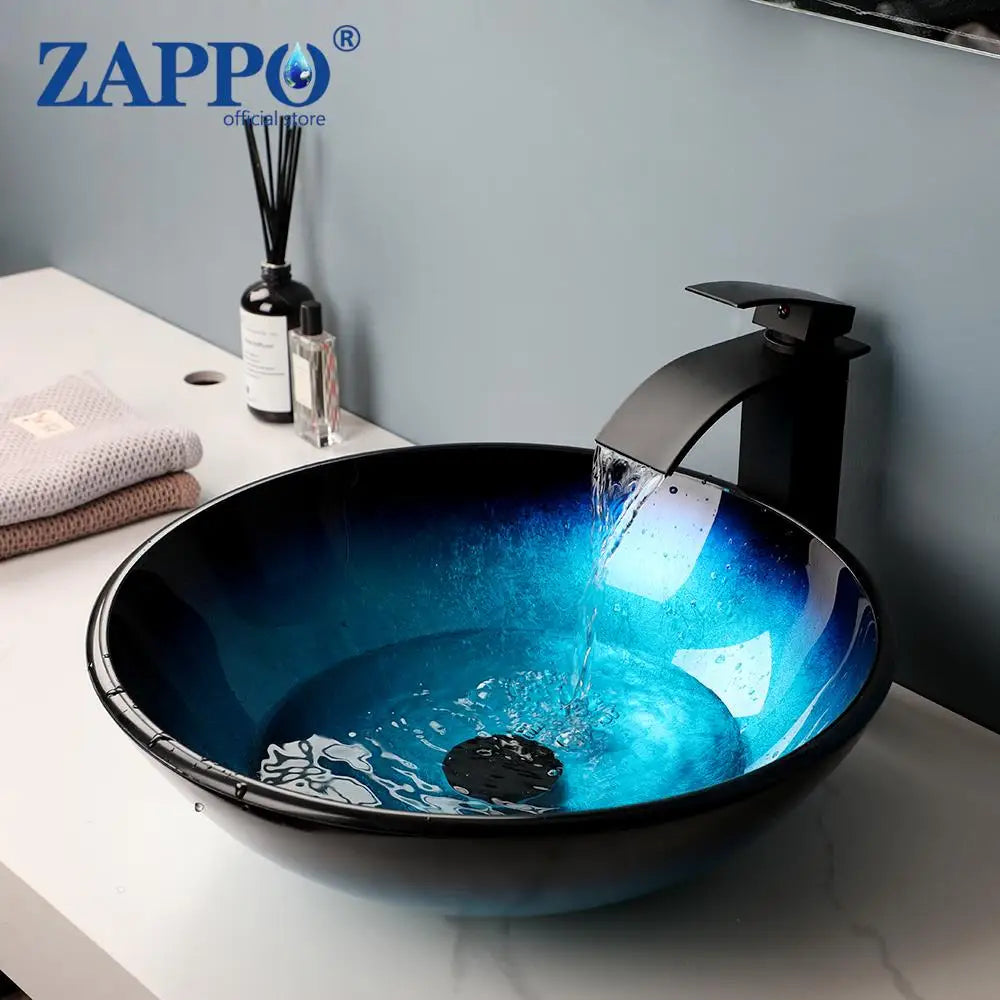 Bathroom Vessel Sink with Waterfall Black Faucet