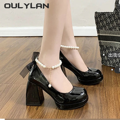 Women High Heels Elegant Bow Square Toe Black Fashion Pumps Thick Heeled