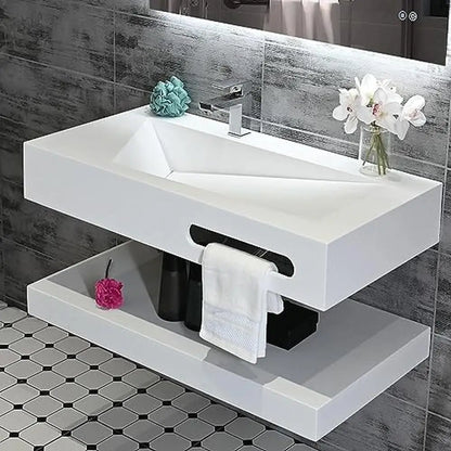 Rectangular Bathroom Vanity Sink Stone Resin Floating Shelf Matte White Trough