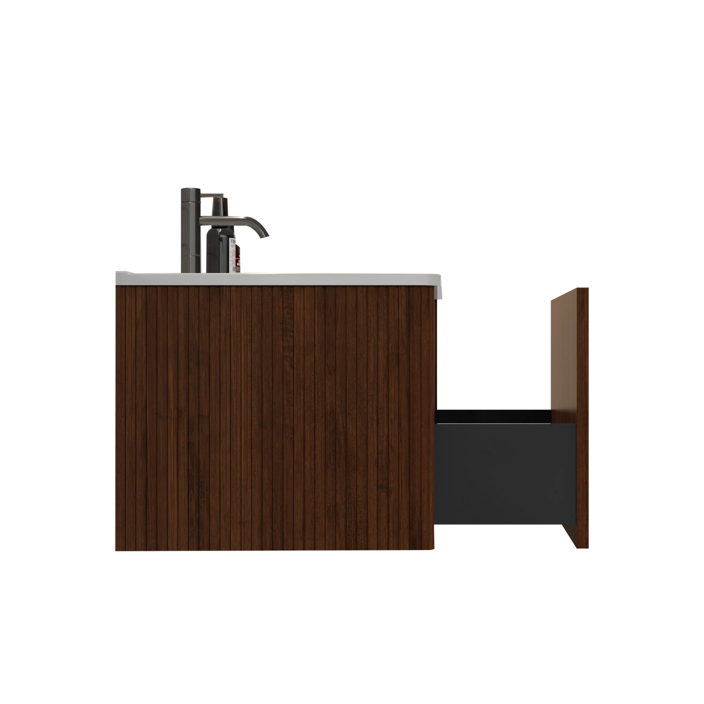 Striped Walnut Wall Mounted Vanity with White Ceramic Sink