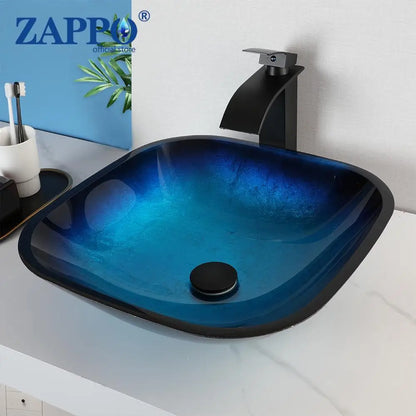Bathroom Vessel Sink with Waterfall Black Faucet