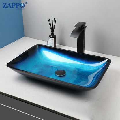 Bathroom Vessel Sink with Waterfall Black Faucet