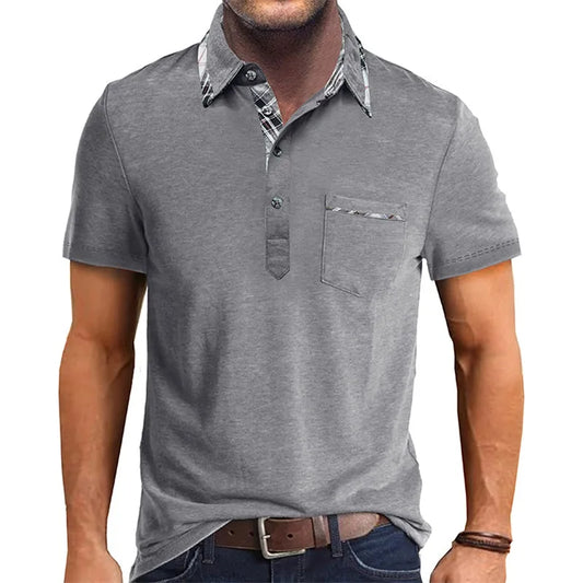 Men Short Sleeve T-Shirts Contrast Plaid Turn-Down Collar Buttons