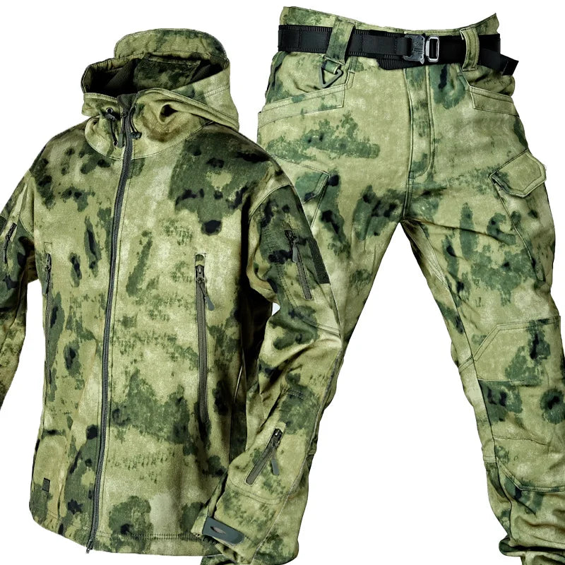 Outdoor Shark Skin Warmth Jackets Pants Set Men Tactical Camo