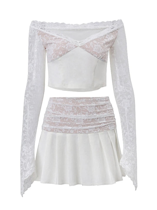 Women s 2 Piece Tops Mini Lace Floral Skirt Set