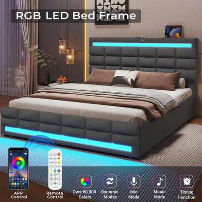 Upholstered Platform Queen Size Bed Frame w LED Lights Head & Footboard