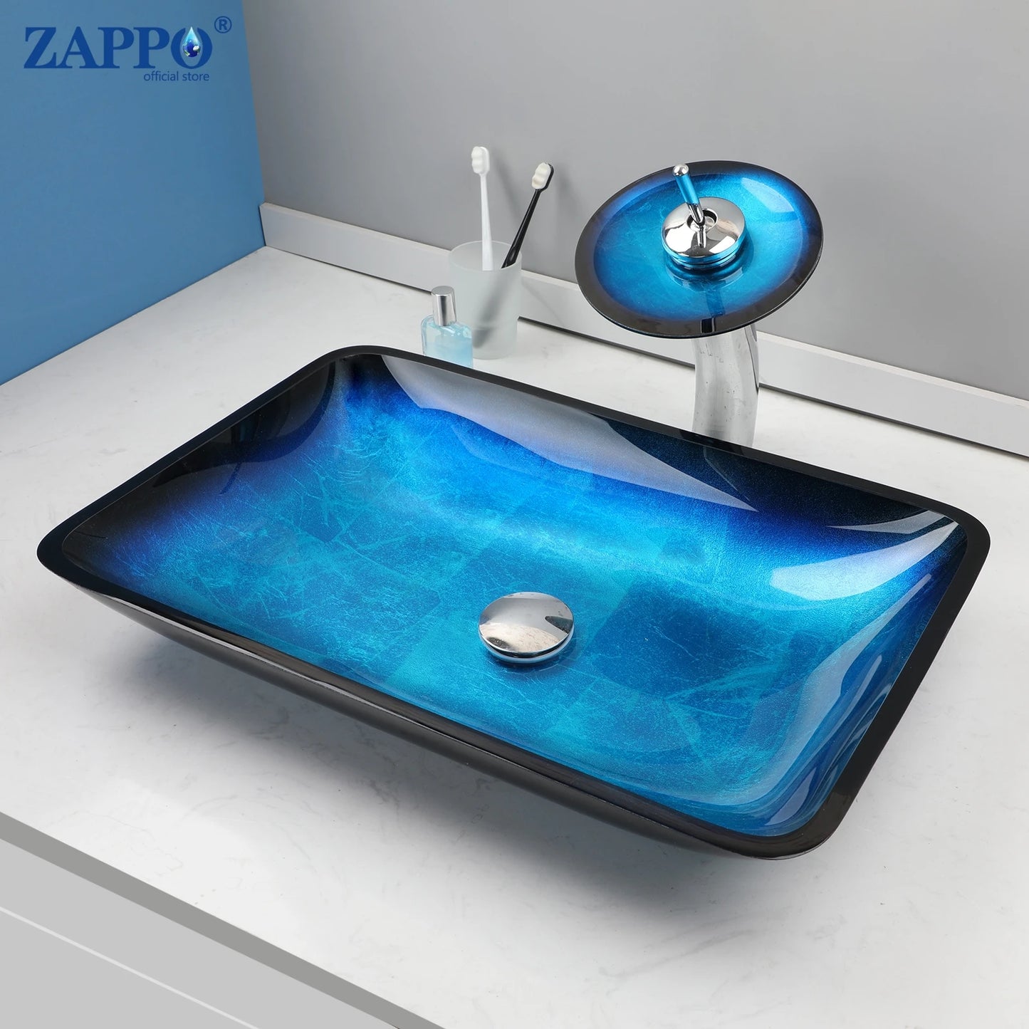 Bathroom Vessel Sink with Waterfall Black Faucet